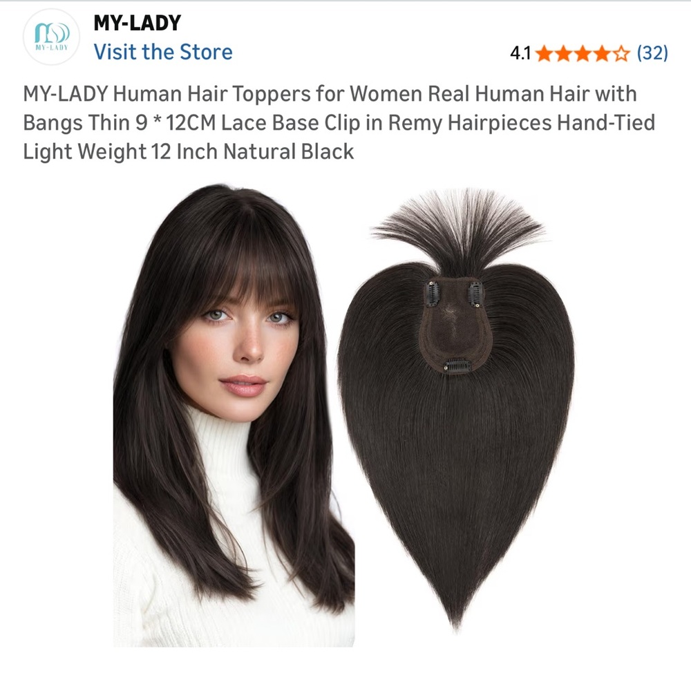 #17 My-Lady Natural Black Human Hair Topper with Bangs - 12 Inch